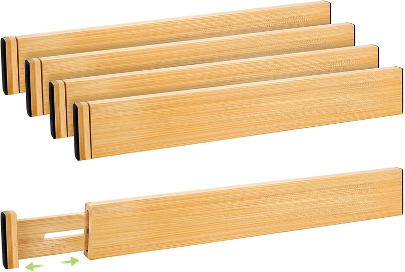 Fyvva Drawer Divider, Adjustable Bamboo Kitchen Drawer Organizer, Spring Loaded Drawer Organizer, Dresser Separators for Kitchen, Bathroom, Clothes, Office Desk Storage (Natural, 4 Pack Large) - Image 1